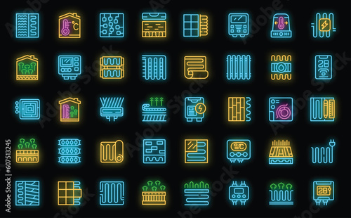 Warm floor icons set outline vector. Heat floor. Underfloor tile neon color on black