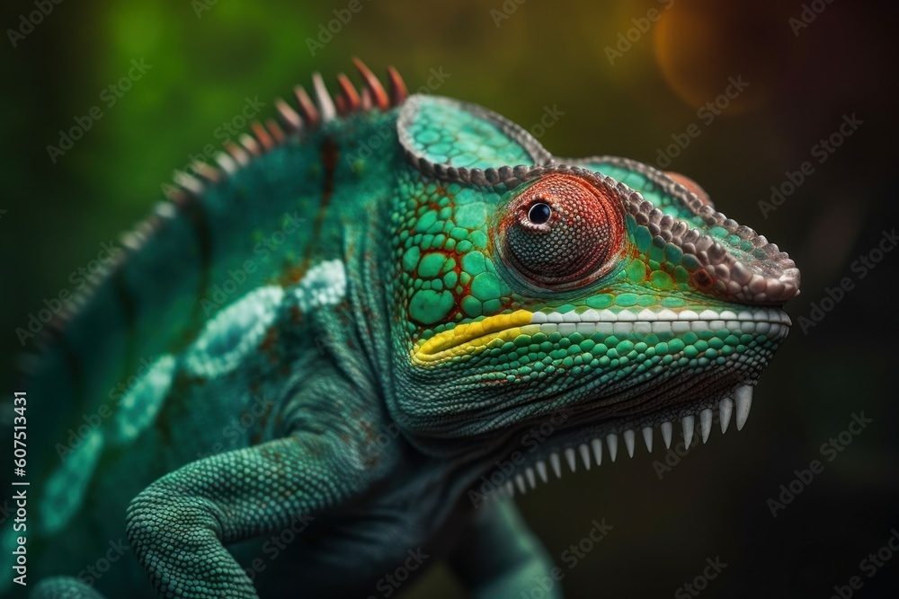 Green colored chameleon close up. AI generated, human enhanced Green colored chameleon close up. AI generated, human enhanced