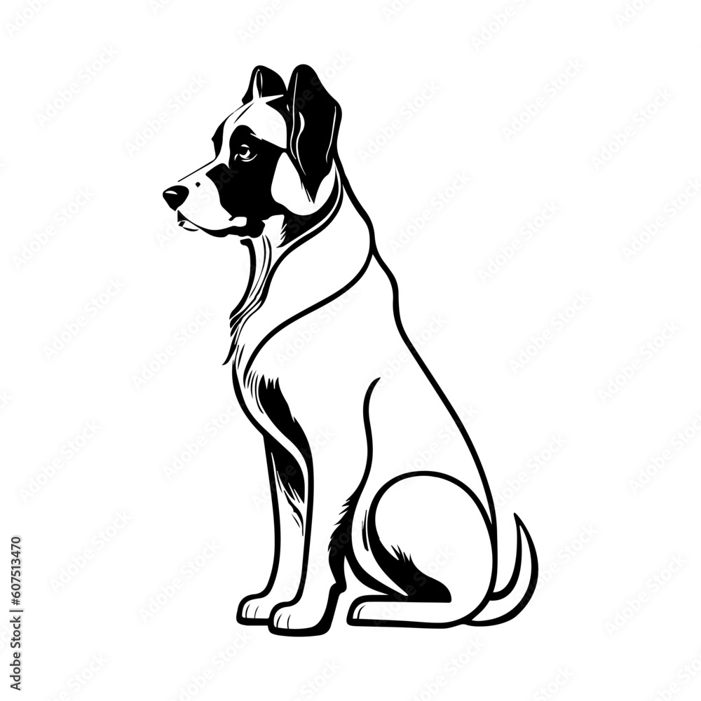 Sitting dog isolated on a white background. Black and white clip art. Vector illustration