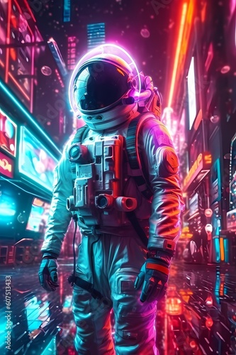 Sci-fi Retrowave space illustration of science fiction scene with mysterious astronaut figure in space suit surrounded by glowing neon tube lights. Generative Ai. © ckybe