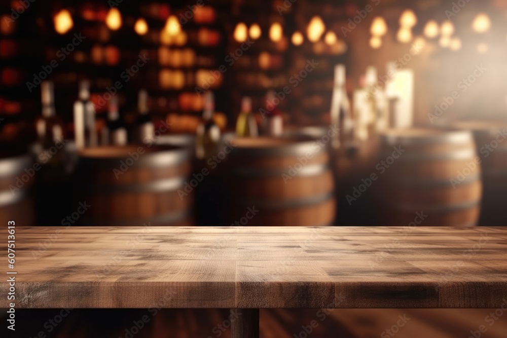 Blurred Wine Cellar Background with Empty Wooden Table Display