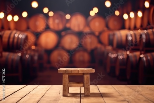 Blurred Wine Cellar Background with Empty Wooden Table Display