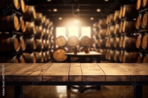 Blurred Wine Cellar Background with Empty Wooden Table Display © Exotic Escape
