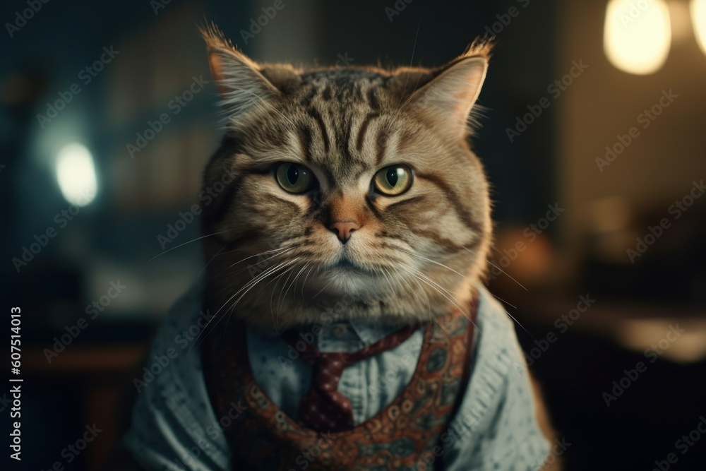 Anthropomorphic fat cat dressed in human clothing in casual style. Humanized animal concept. AI generated Anthropomorphic fat cat dressed in human clothing in casual style. Humanized animal concept. AI generated