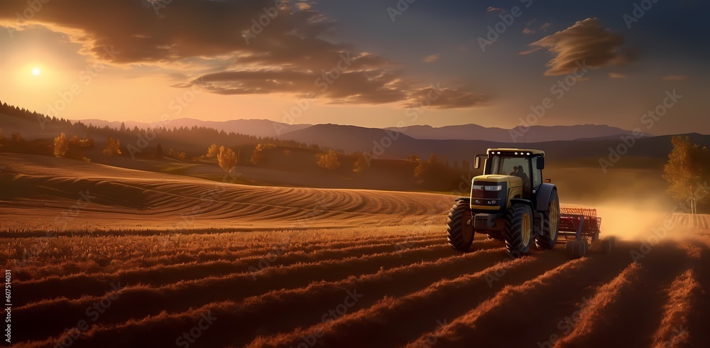 Sunset in the countryside. Tractor on a large field, creating beds to sow seeds into purified soil. The agricultural vehicle. Generative Ai. Sunset in the countryside. Tractor on a large field, creating beds to sow seeds into purified soil. The agricultural vehicle. Generative Ai.