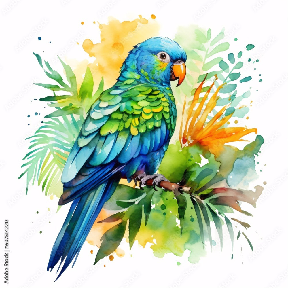 Obraz premium Tropic colorful bird watercolor. Cute small bird illustration. Generative Ai.
