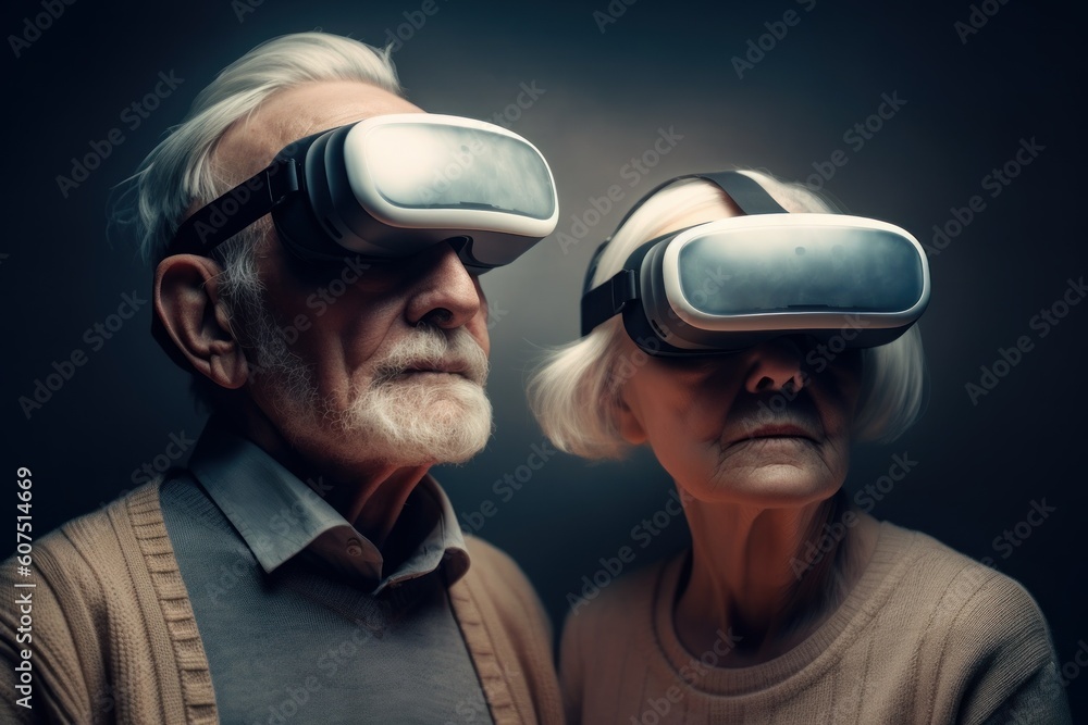 A couple of elderly people wearing virtual reality glasses. VR concept. AI generated, human enhanced A couple of elderly people wearing virtual reality glasses. VR concept. AI generated, human enhanced