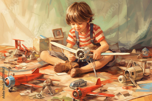 illustration of kid playing with toy planes made with Generative AI