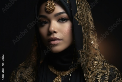 Portrait of a young pretty Arab woman in a veil. AI generated, human enhanced