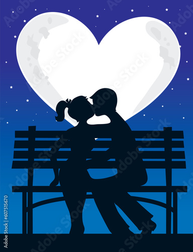 A silhouette of a couple with a heart shaped moon behind them