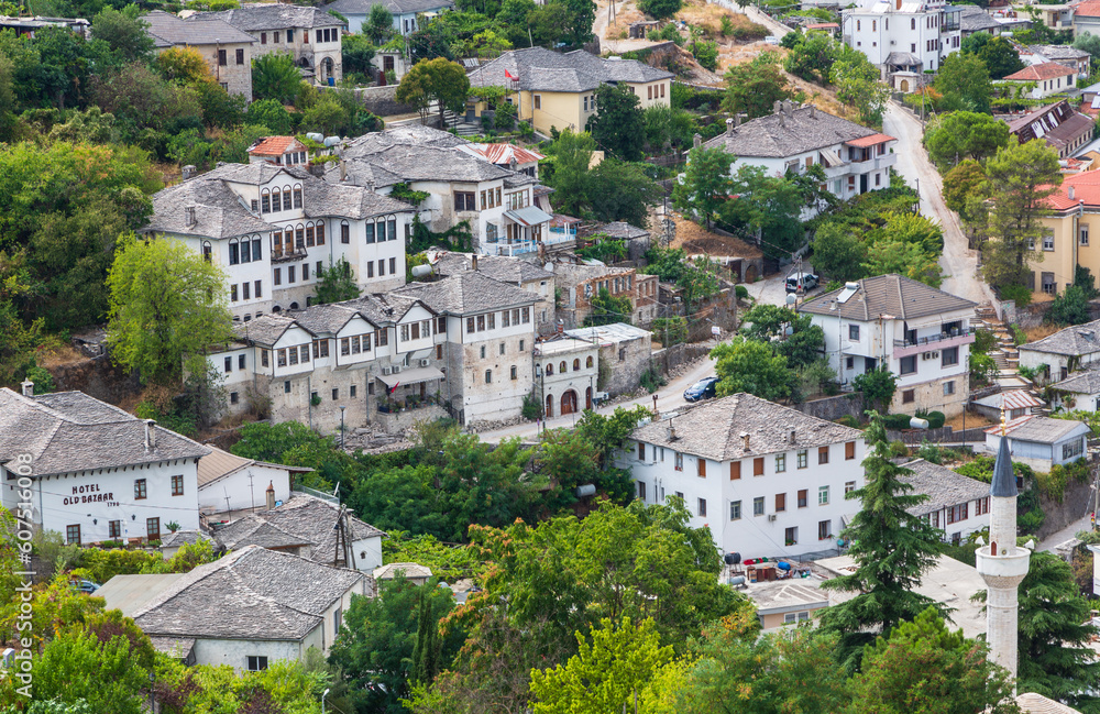Cityscape of Gjirokaster old town, Albania. Christian church and old ottoman houses in Gjirokaster, Albania close-up