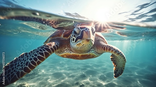 a turtle swimming under water. Generative AI Art. photo