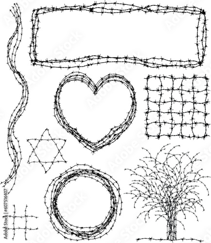 Set of editable vector design elements made from barbed wire