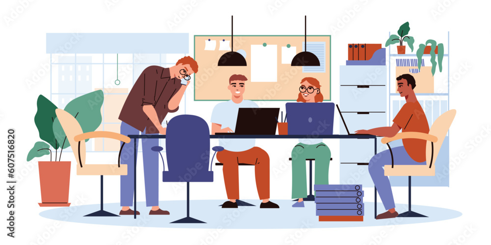 vector office flat concept with employees sitting at work table vector illustration vector office flat concept with employees sitting at work table vector illustration