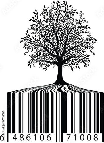 Editable vector illustration of a tree with bar-code roots