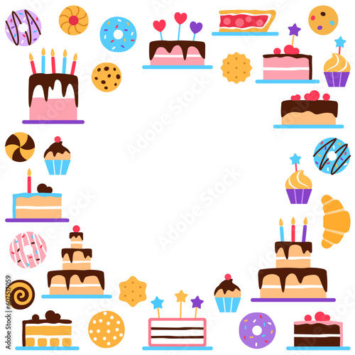 Pastry square frame with circle copy space for text on white background. Flat colorful baked elements border. Pastries patisserie for cafe menu design. Cake donuts croissant pie vector illustration.