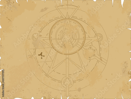 Vector illustration of old scroll with alchemy pentagram