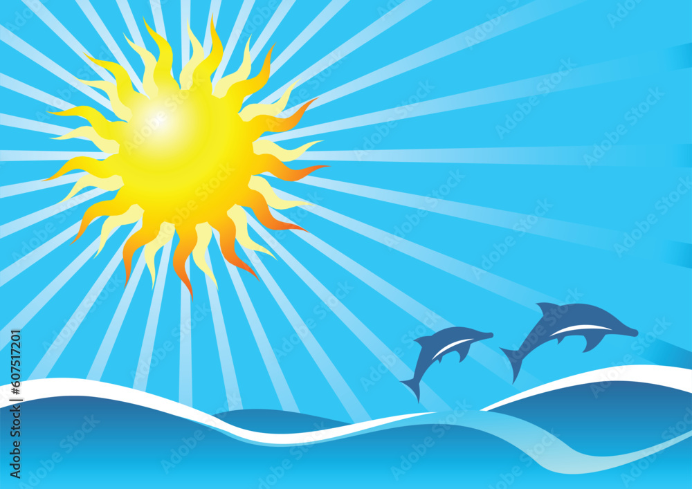 Abstract representation of a wavy sea under the sun with two dolphins Abstract representation of a wavy sea under the sun with two dolphins