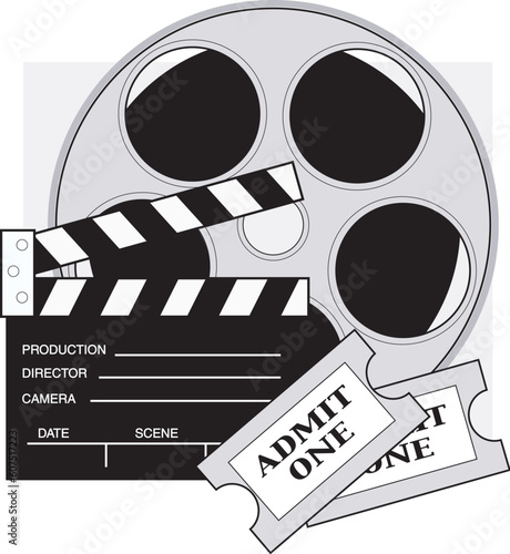 Clapboard,movie reel and admission tickets for the movies.