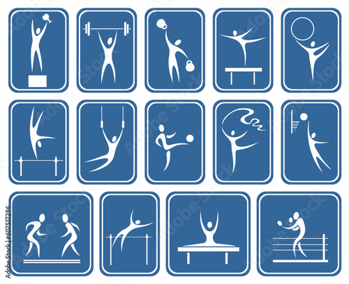 White symbolical images of various kinds of sports on a dark blue background.