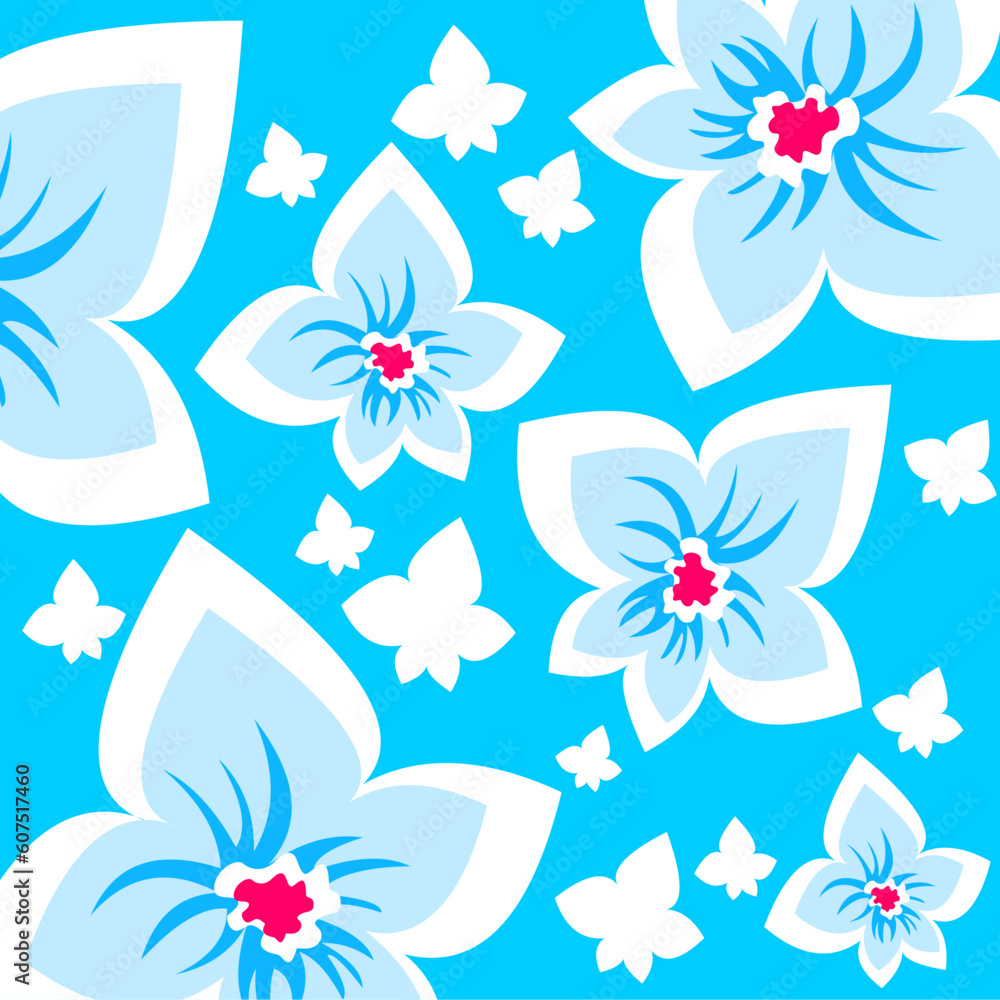 Blue ornate flowers on a  blue background. Digital illustration.