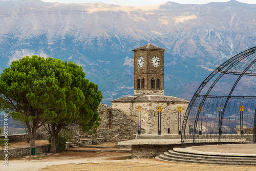 Clock tower of castle in Gjirokaster, Albania