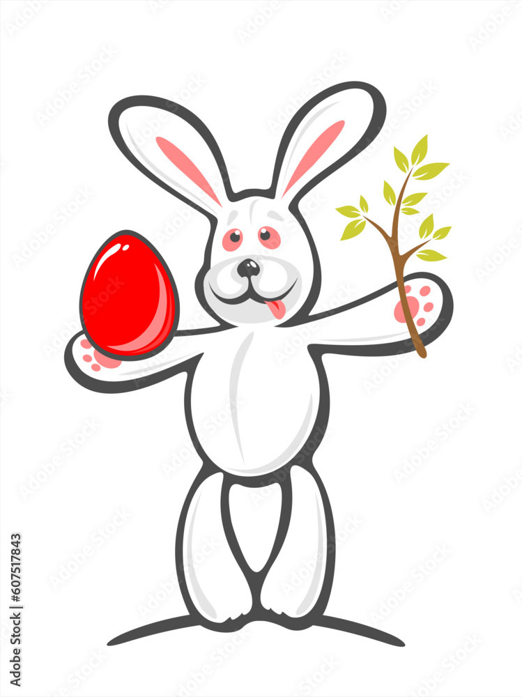 Obraz premium Happy rabbit with egg and green branch on a white background. Easter illustration.