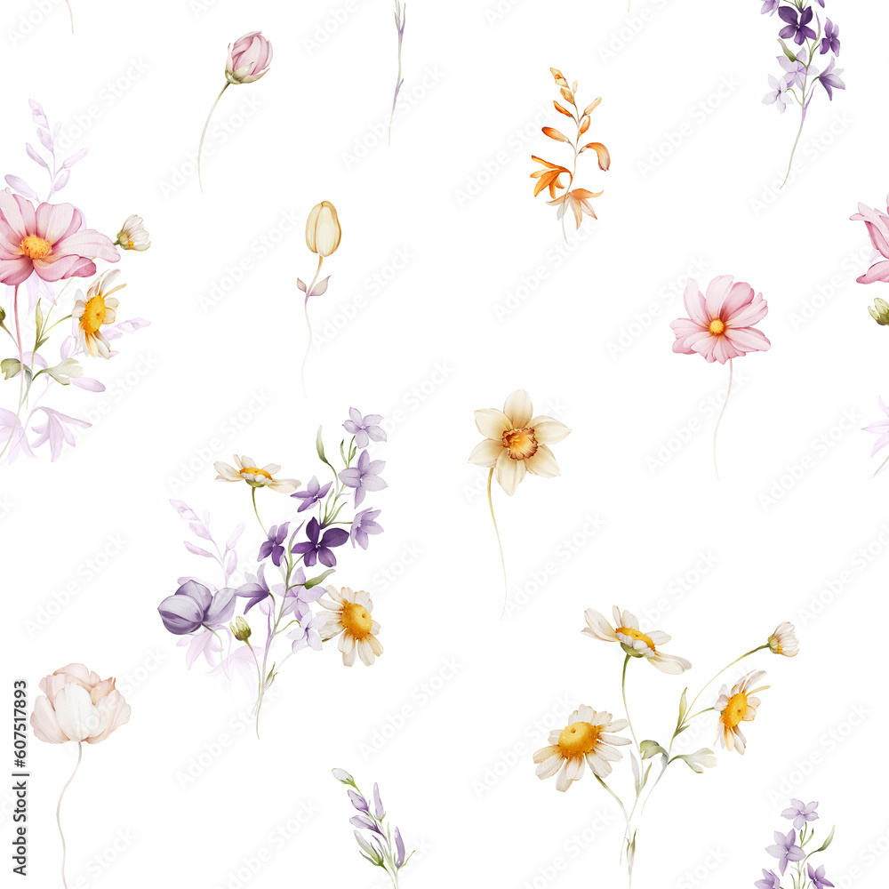 Seamless pattern with wildflowers in a watercolor style..