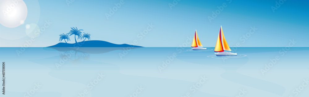 A panoramic vector illustration of a sunny sea horizon with an isolated island and 2 sailboats in a distance. All objects are properly layered.