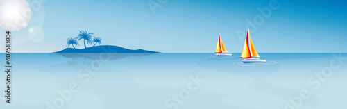 A panoramic vector illustration of a sunny sea horizon with an isolated island and 2 sailboats in a distance. All objects are properly layered.