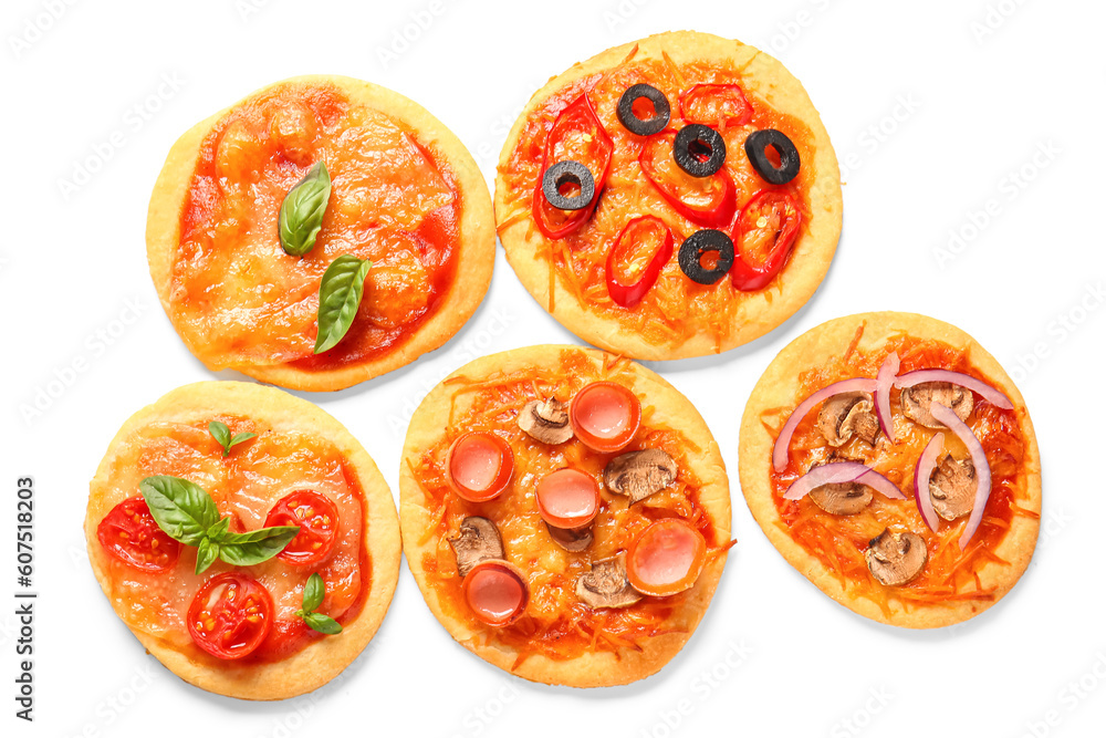 Different tasty mini pizzas on white background Different tasty mini pizzas on white background