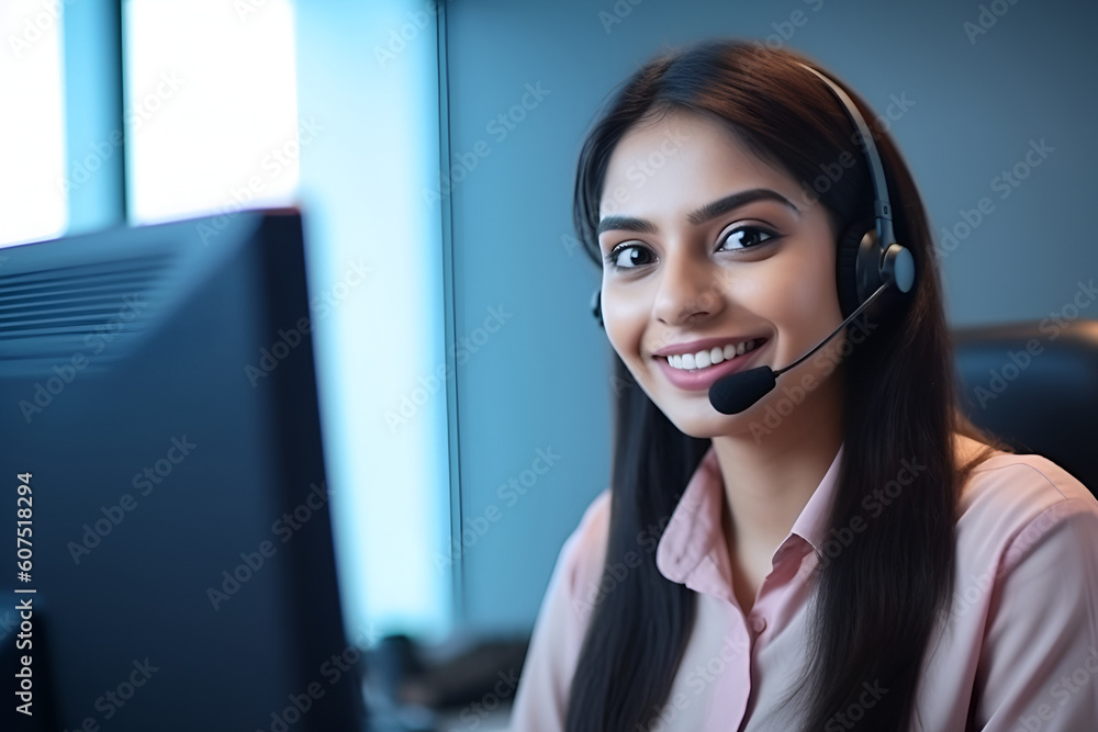 Indian Female Support Agent With Headset Sitting in Front of Computer: AI Generated Image Indian Female Support Agent With Headset Sitting in Front of Computer: AI Generated Image