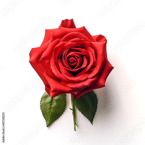 Bouquet of red rose roses flower plant with leaves isolated on white background. 3D rendering. Flat lay, top view. macro closeup 