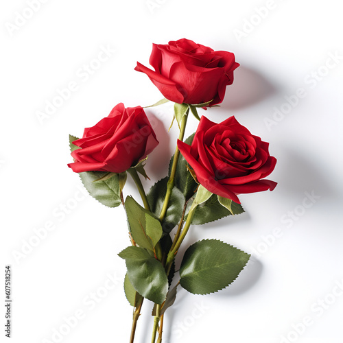 Bouquet of red rose roses flower plant with leaves isolated on white background. Flat lay  top view. macro closeup 