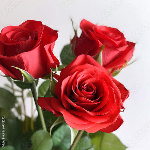 Bouquet of red rose roses flower plant with leaves isolated on white background. 3D rendering. Flat lay  top view. macro closeup  