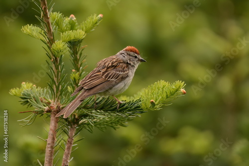 Chipping Sparrow on a pine tree branch with a green background