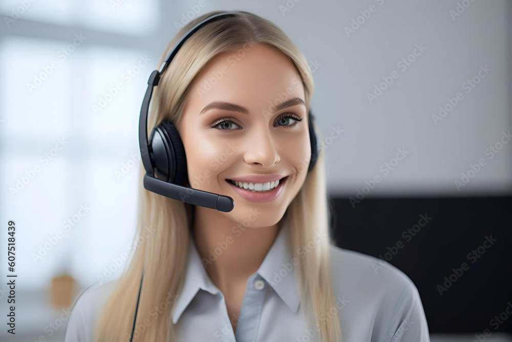 Portrait of Happy Smiling Blonde Hair Female Support Phone Operator at Workplace: AI Generated Image Portrait of Happy Smiling Blonde Hair Female Support Phone Operator at Workplace: AI Generated Image