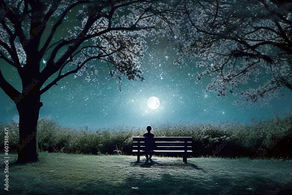 Solitary Contemplation: Person in Park Under Moonlit Sky - AI Generative