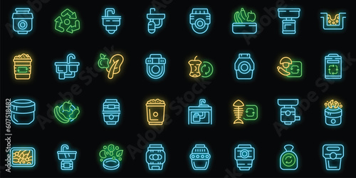 Food Waste Disposer icons set outline vector. Garbage sink. Waste food neon color on black