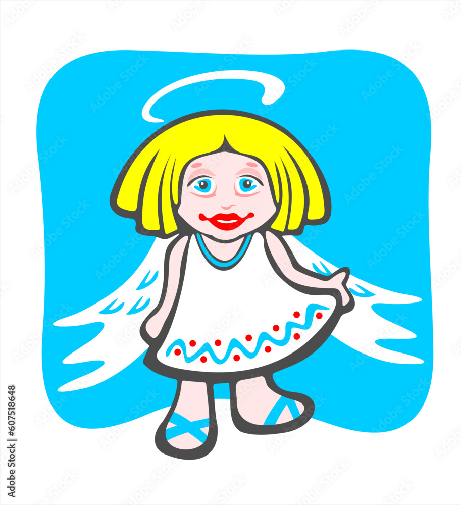Cheerful stylized angel on a blue background. Celebratory illustration.