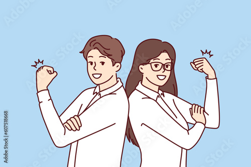 Business man and woman with smile demonstrate biceps for concept of professionalism and cool skills. Professional managers are ready to get to work and raise income of business or large company