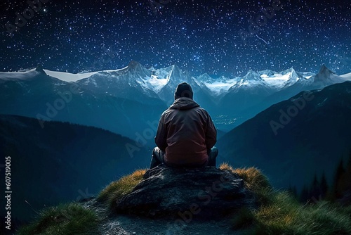 Starry Contemplation: Man Overlooking City Lights from Valley - AI Generative
