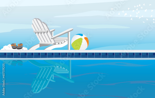 Relaxing depiction of swimming pool and Adirondack Chair; With Flip Flops, beach ball and a flock of birds