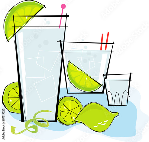 Retro-stylized cocktail spot illustration: Vodka or Gin & Tonic with lime twist