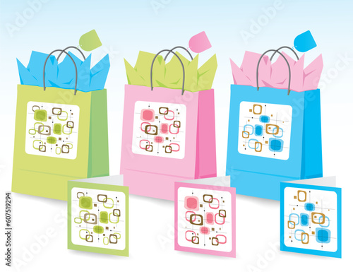 Spring colors gift bags with tissue and matching card; Easy-edit layered file