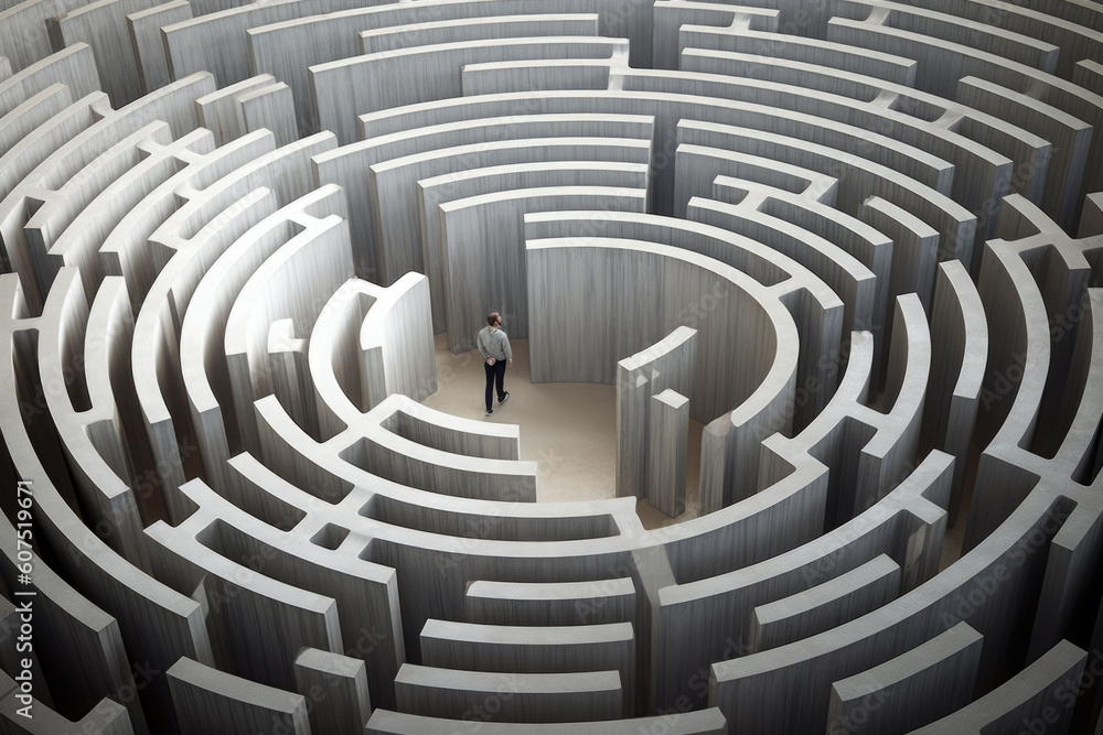 Man walking in a complex maze. Surreal concept. Generative AI Man walking in a complex maze. Surreal concept. Generative AI
