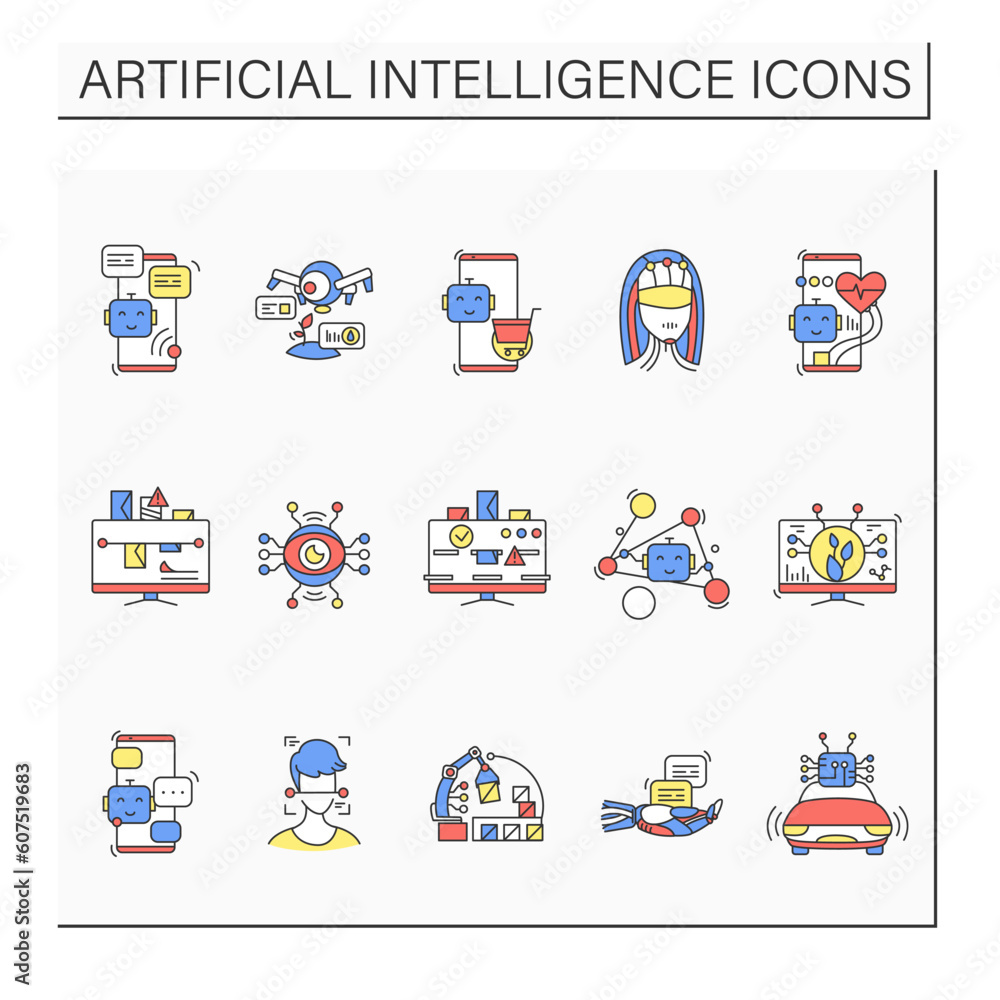  Artificial intelligence color icons set. Digital technologies illustration pictograms for business, retail, transport, communication, agriculture, security and medicine.Isolated vector illustration