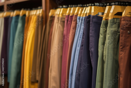 Wallpaper Mural Trousers on hangers in a clothing store. Pants store, new clothes during shopping. Generative AI Torontodigital.ca