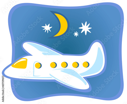 Funny cartoon plane flying in the night sky.