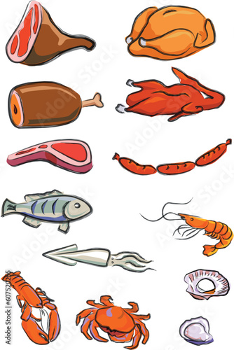 a vector illustration for a variety of meats, chicken, duck, pork, beef, lamp chop, hot-dog, fish, squire, lobster, crab, prawn, oyster, scallop © Designpics